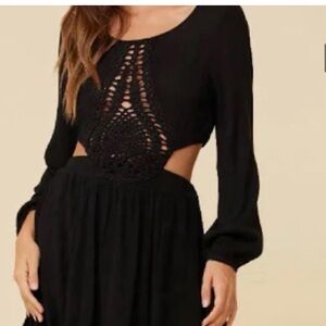 Surf gypsy black crochet cut out front rayon crinkle boho bohemian mini dress